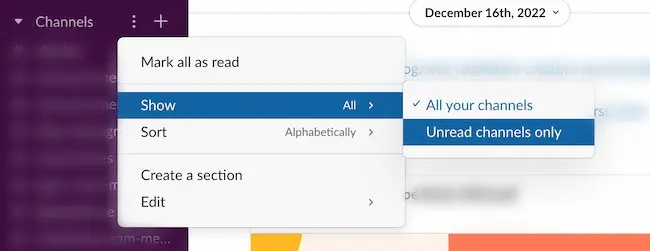 Screenshot: How to configure a Slack channel to show only unread messages